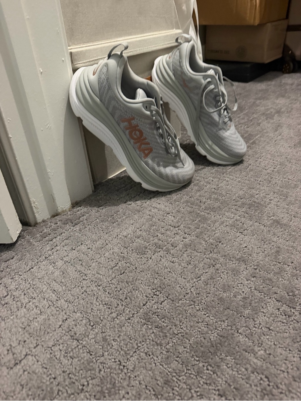 Hoka Women's Light Gray Athletic Sneakers with Rose Gold Logo - Picture 3 of 4